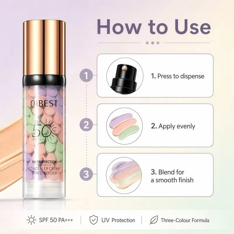 SPF 50+ PA+++ 3-in-1 Sunscreen Isolation Cream, Color Corrector Face Primer, Pre-Makeup Base for Oil Control, Moisturizing & Pore-Blurring, Luminous Even Skin Tone