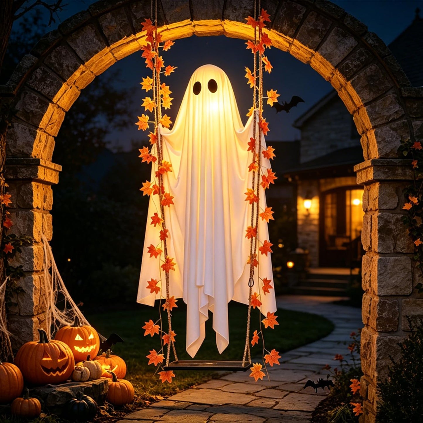 Halloween Decorations Outdoor 3.7FT Pre-Assembled Hanging Swing Ghost with Remote Lights Spooky Hanging Ghosts for Porch Yard Tree Party