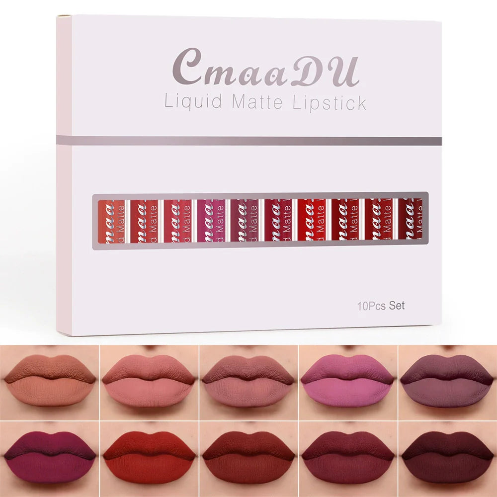 10-Shade Waterproof Liquid Matte Lipstick Set – No Transfer, No Smudging, All-Day Color