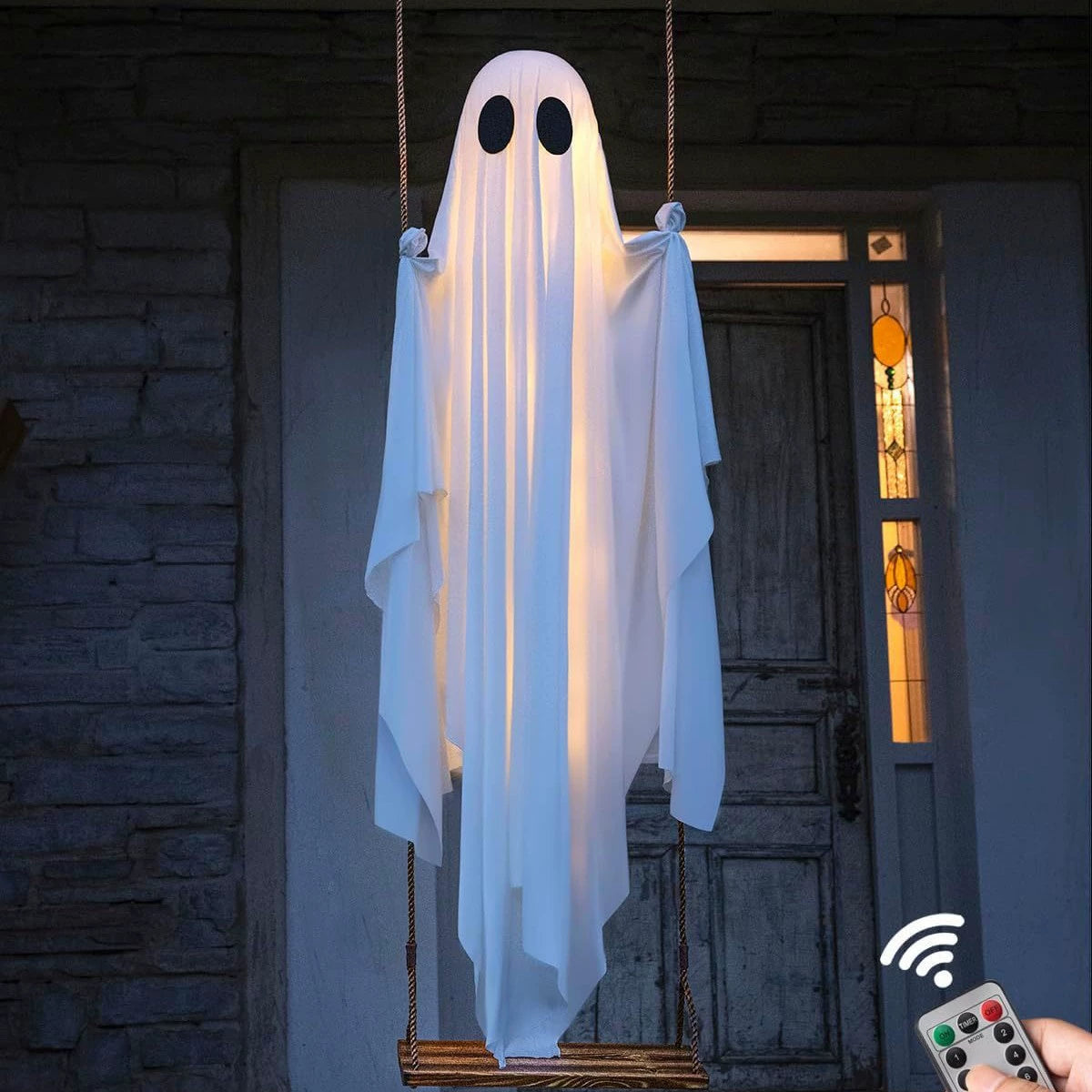 Halloween Decorations Outdoor 3.7FT Pre-Assembled Hanging Swing Ghost with Remote Lights Spooky Hanging Ghosts for Porch Yard Tree Party