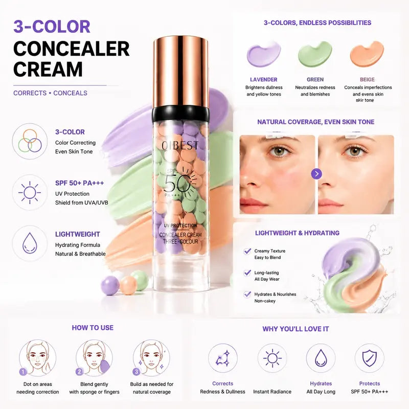 SPF 50+ PA+++ 3-in-1 Sunscreen Isolation Cream, Color Corrector Face Primer, Pre-Makeup Base for Oil Control, Moisturizing & Pore-Blurring, Luminous Even Skin Tone